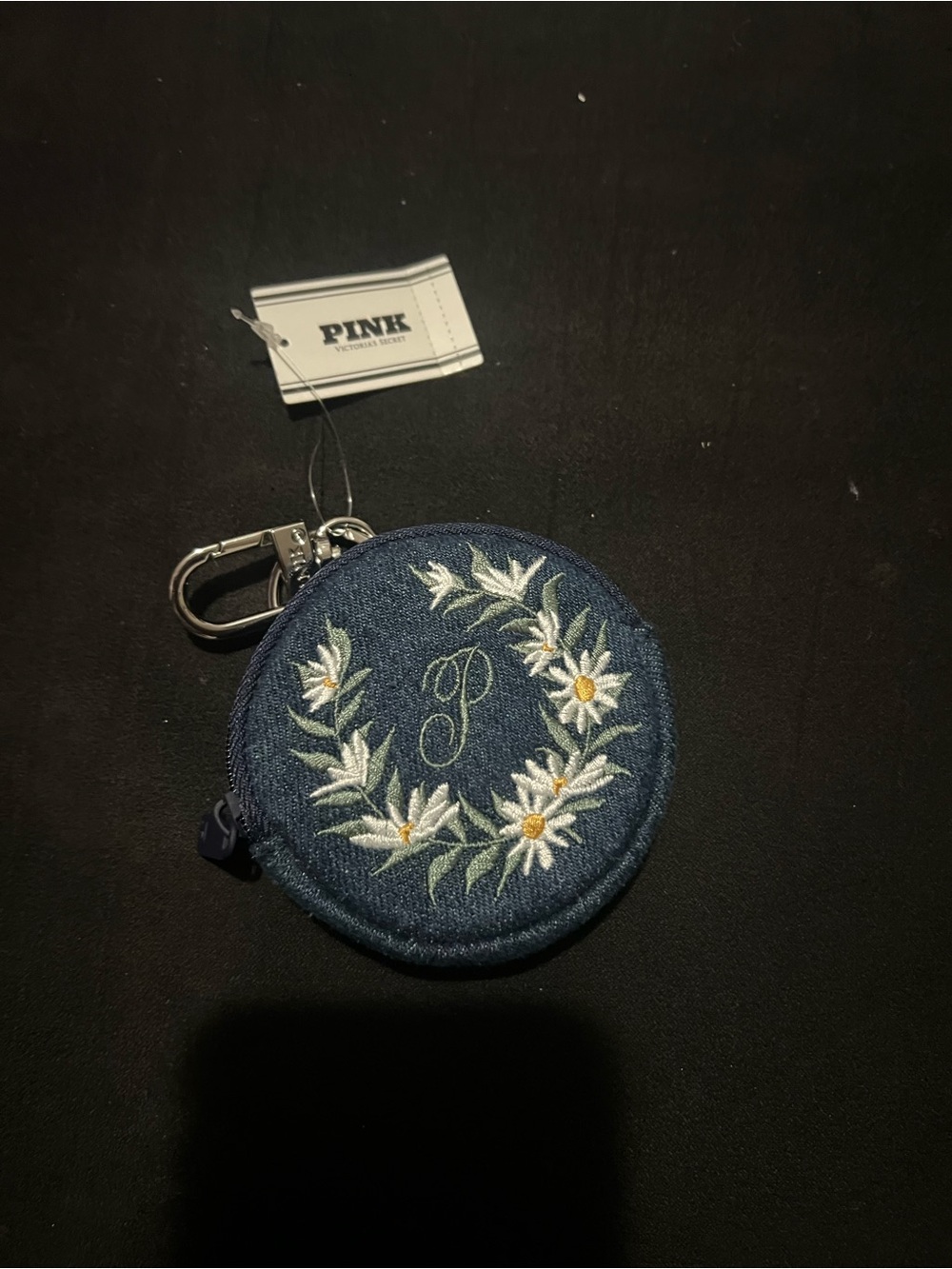PINK Victoria's Secret Navy Floral Embroidered Round Key Pouch
